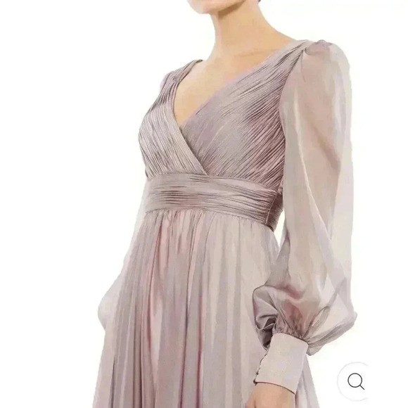 Mac Duggal Wrap Illusion Bishop Sleeve Tiered Gown Sz 6 Mocha Formal Maxi Dress - Picture 3 of 7